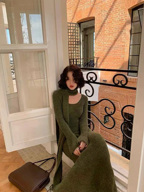 Vintage Knitted Midi Dress Y2K Autumn Slim with Scarf Long Sleeve Dress Female Korean Streetwear Chic All Match Female Vestidos