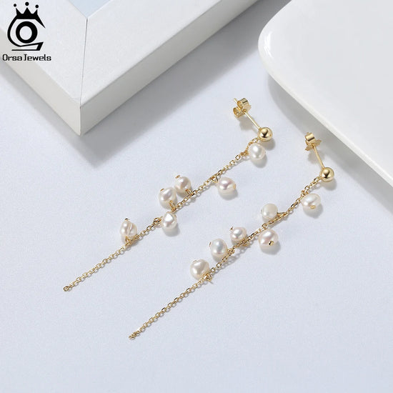 ORSA JEWELS Personality Branch Tassel Earings 925 Sterling Silver 14k Gold Plated Natural Pearl Earrings For Women Jewelry GPE08