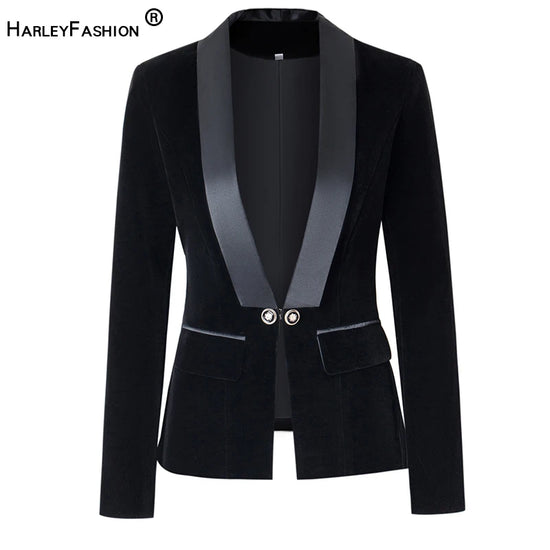 HarleyFashion Fall Spring Brief Design Single Buttons Top Quality Black/Blue Velvet Basic Slim Women Blazers Casual Jackets