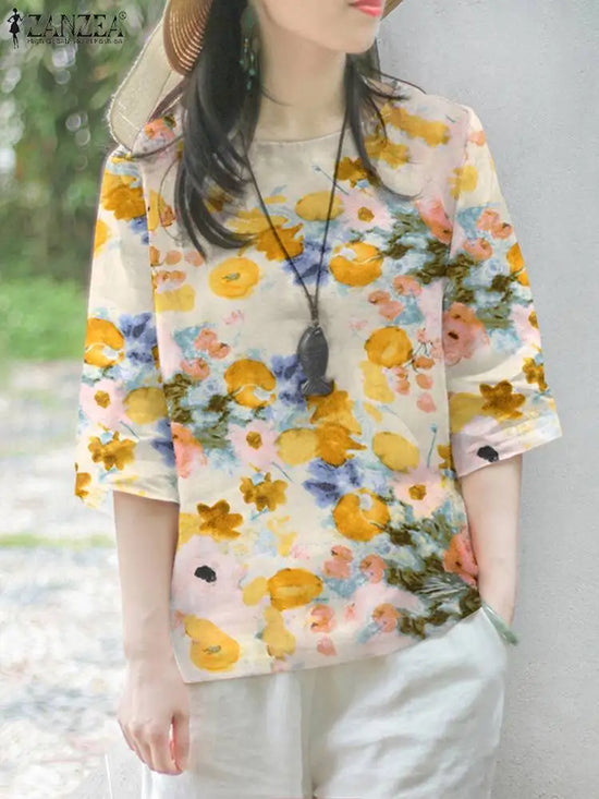 ZANZEA Women Vintage Cotton Floral Printed Blouses 2024 Elegant Bohemian Linen Blusas Fashion Casual Loose 3/4 Sleeve O-Neck Top