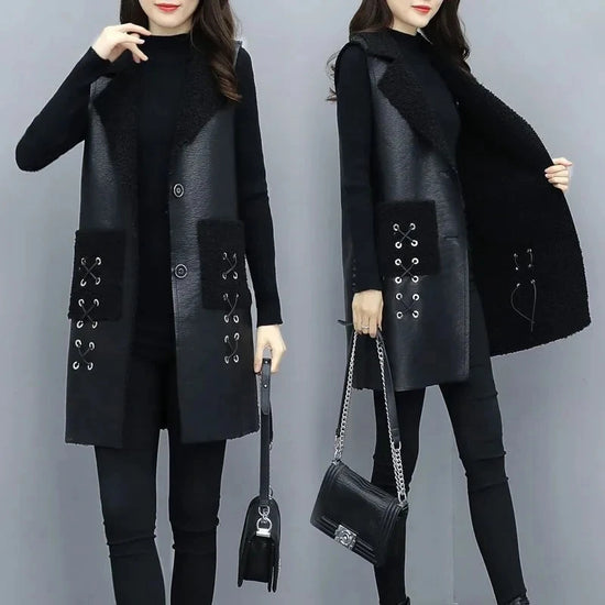 PU Leather Vest Coat Female2025Autumn Winter New Long Waistcoat high-Grade Thick Sleeveless Jacket Women Large Size Overwear Top
