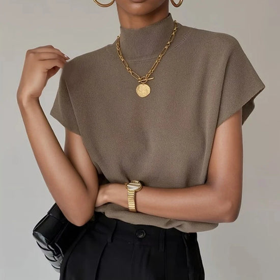Fashion Stand-up Collar Slim Women Knitted Vest Loose Solid Elegant Straight Tops Short Sleeve Office Lady T Shirt Loose Shirt