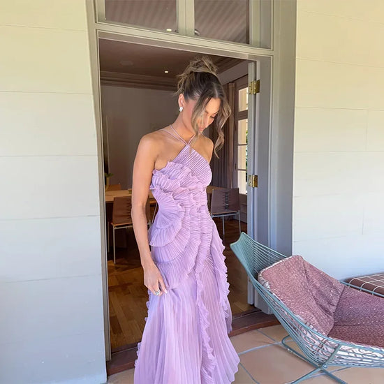 Chiffon Pleated Long Vacation Vestidos 2025 High Quality Halter Neck Purple Strapless Lotus Edge Maxi Dress New Lady Beach Dress