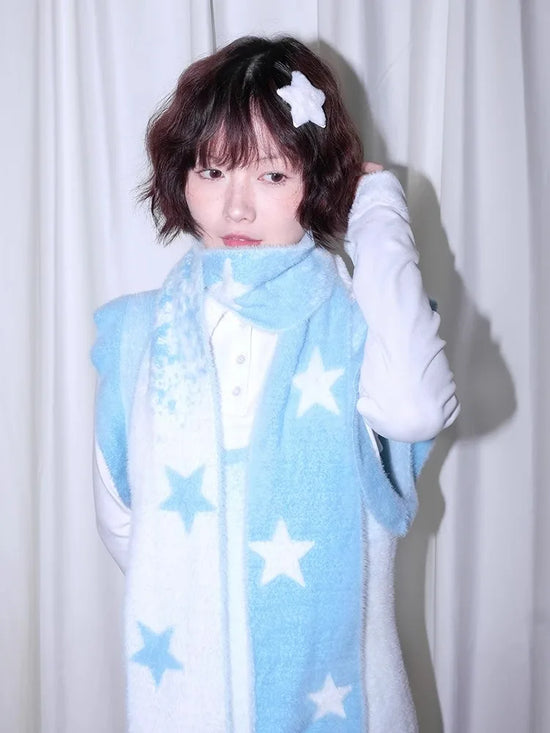Elegant Scarves for Women Girls Stars Blue White Cute Sweet Y2k Thin Scarf Neck Warmer Women&