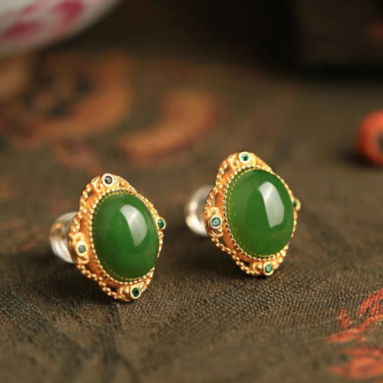 Classical Ancient Gold Craft Earrings for women Natural Hotan Jade Oval stud earings Classic Exquisite Retro Jewelry