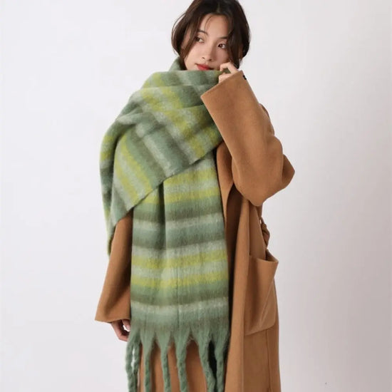 Elegant Mohair Plaid Wool Scarf Plush Thicken Winter Cashmere Scarves Solid Color Warm Long Shawl Autumn Winter