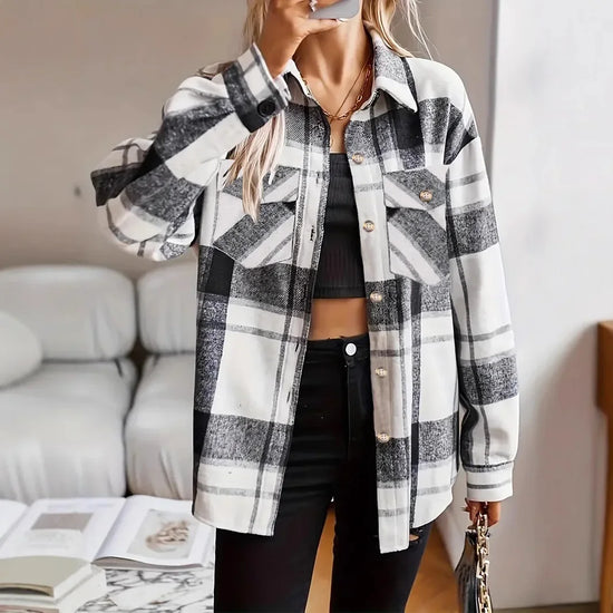 Autumn Winter Plaid Buttoned Velvet Woolen Shirt Women&
