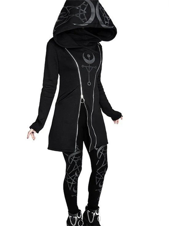 Gothic Punk Print Long-sleeved Top Harajuku Retro Hooded Double Zipper Long Sweater 2022 New Autumn and Winter Women&
