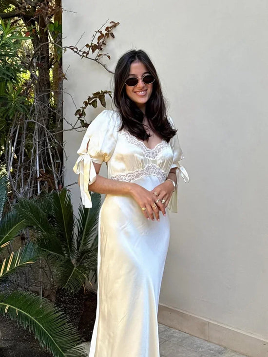 Women Lace Patchwork Satin Maxi Dress Elegant Bow U-neck Short Sleeve High Waist Slim Dresses 2025 New Summer Lady Commute Robes