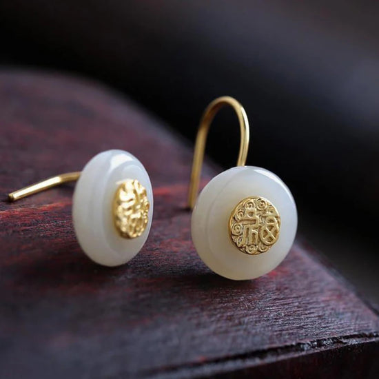 Classic Natural Hetian White Jade Fuzi earrings for women High quality stud earings Simple Ancient Gold Craft Silver Jewelry