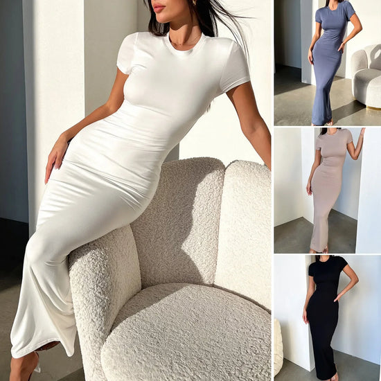 Short Sleeve Pure Color Slim Fit Spring Summer Dress Elegant Transoceanic Women&