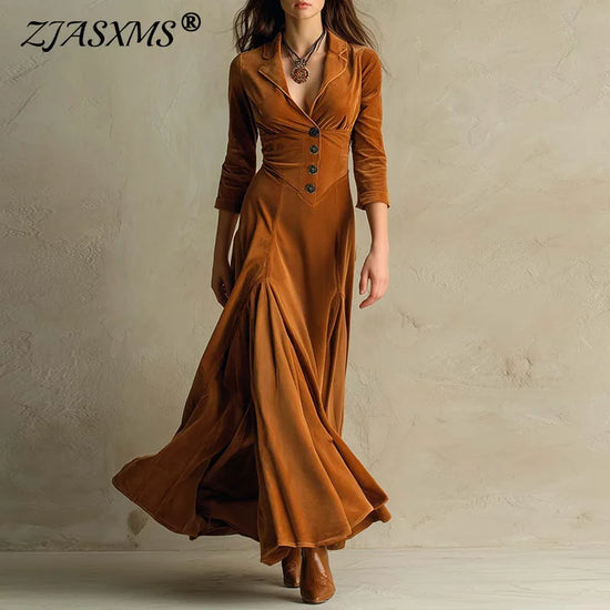 Fall Turn-down Collar Buttons Long Dress Woman Elegant Solid Slim Swing Pleated Dress Winter Long Sleeve Soft Velvet Party Dress