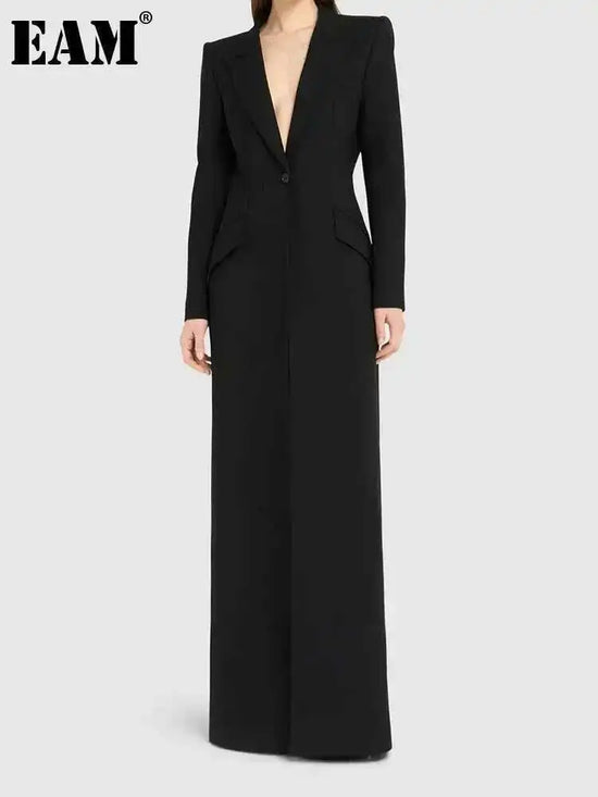 EAM Women Black Single Button X-Long Elegant Blazer New Lapel Long Sleeve Jacket Fashion Tide Spring Autumn 2025 31A0819