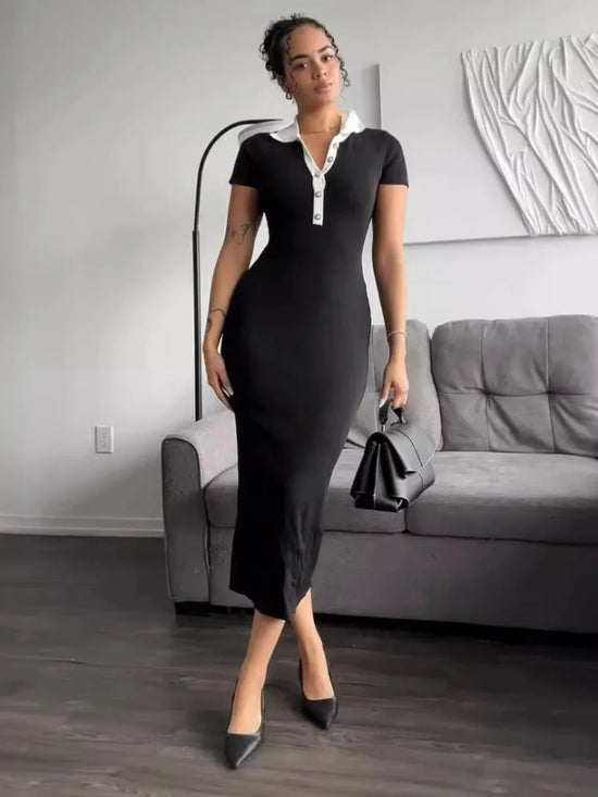 Elegant Knit Maxi Dress for Women Short Sleeve Patchwork Party Dresses Fashion Lapel Single-breasted Slim Knitwear Women&