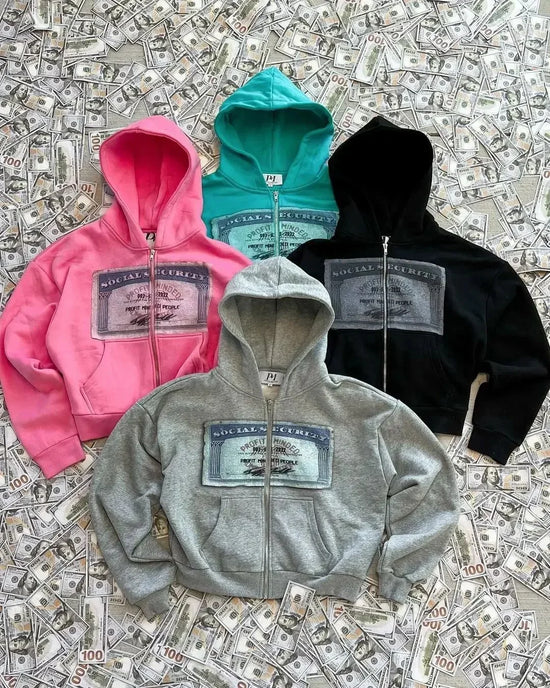 Hip-hop retro autumn casual zipper hoodie personalized pattern print Harajuku street style men&