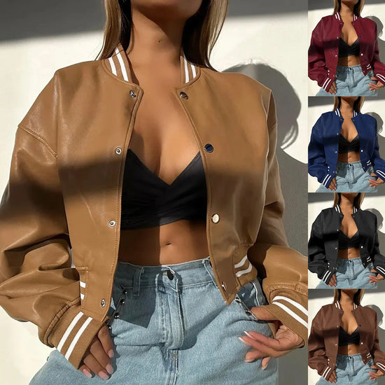 Autumn Women Striped Baseball Single Breasted Jackets Fall Winter Long Sleeve Coats 2YK Motorcycle Girls PU Leather Outerwear