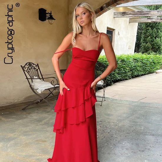 Cryptographic Elegant Ruffled Detail Slip Maxi Dress Vacation Outfits Sexy Backless Banadage Red Dresses Summer Sun Dresses New