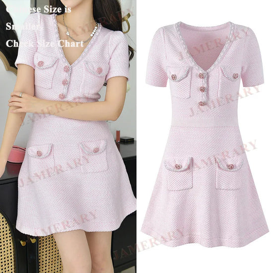 Summer Autumn Single Breasted Pearl Crystal Short Sleeve Knitted Sweater Dresses Women Sweet Knitwear Mini Knitting Dress
