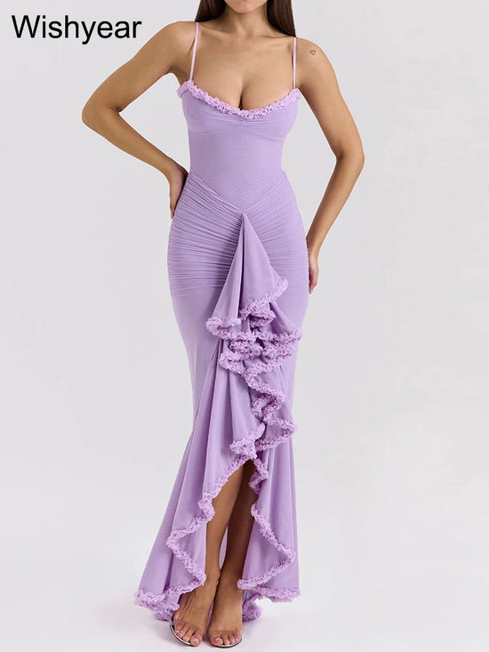 Wishyear Women Sexy Spaghetti Strap Ruffle Irregular Bodycon Long Dress Elegant Boho Beach Party Evening Prom Birthday Vestidos