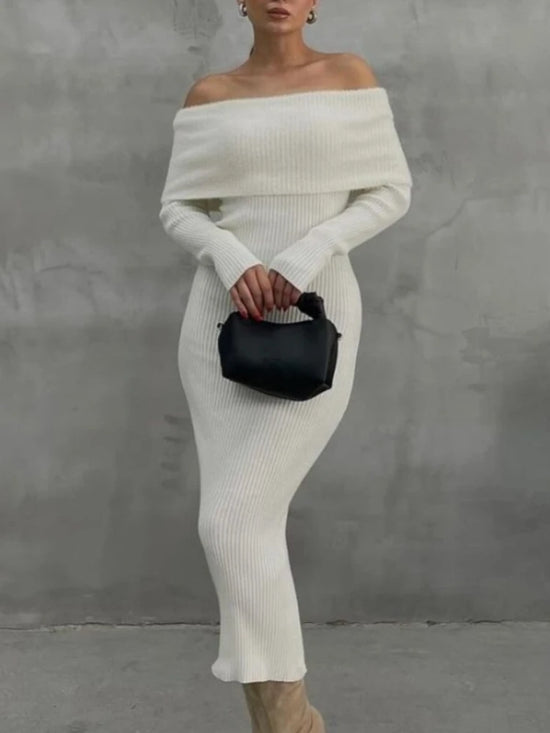 Ladies Knitwear Maxi Dress Fashion Knit Long Dress Off-Shoulder Female Ribbed Loose High Waist Elegant Autumn Party Dress