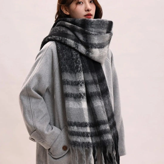 Elegant Mohair Plaid Wool Scarf Tassel Plush Winter Cashmere Scarves Korean Style Warm Long Shawl Student
