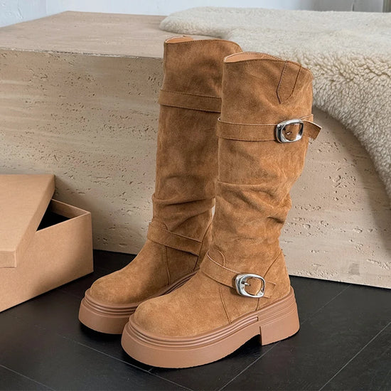 2025 New Women Long Boots Flats Shoes Knee High Chelsea Boots Winter Trend Walking Sport Shoes Suede Casual Mujer Snow Botas