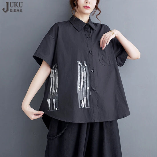 Print Fashion Loose Fit Short-Sleeve New Summer Woman Black Shirt Korean Style Girls Casual Wear Oversized Large Blouse JJXS098
