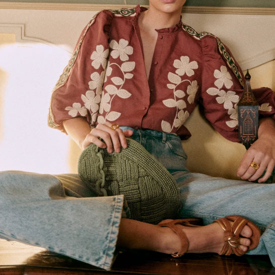 5C803 Flowers Leaf Embroidery Women Shirt O-Neck Half Sleeves Button Cardigan Vintage Classic Casual Lady Top 2025