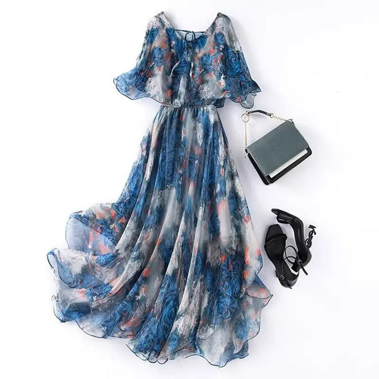 Floral Printed Chiffon Dresses Women Half Sleeve Loose Mid-length Dress Retro Office Lady Casual Wear Spring Autumn New Fashion