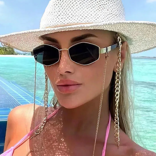 Women Fashion Sunglasses with Chain Luxury Brand Design Polygonal Sun Glasses for Female Personality Eyeglasses Eyewear