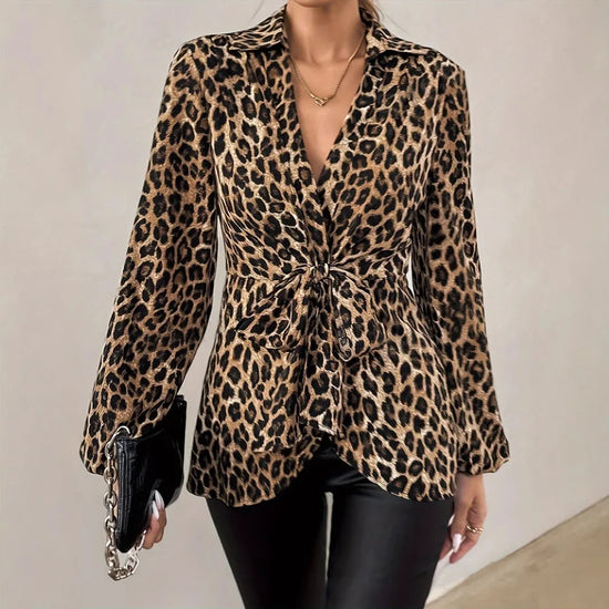Fashion Women New Leopard Print Lace-up Shirt Top Spring Casual V-neck Long Sleeved Blouses Tops Office Lady Party Top 2025