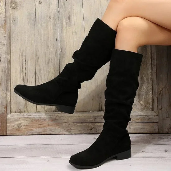 Women Mid Calf Boots Retro High Heels Solid Color Women Shoes Round Toe Rome Females Low Heels Boots Botas De Mujer