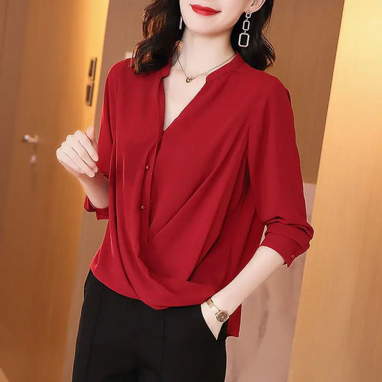 Fashion V-Neck Button Irregular Oversized Chiffon Shirt Loose Office Lady Tops Spring and Summer Elegant Women&