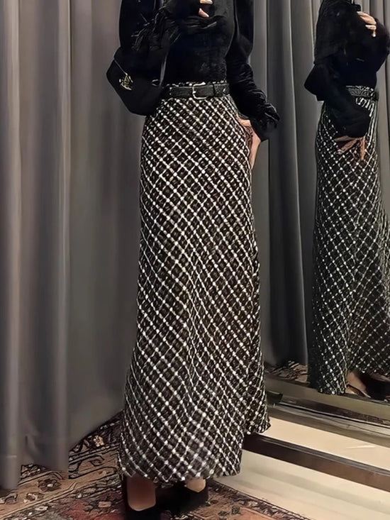 Elegant Plaid Long Skirts Women Fashion High Waist A Line Loose Office Lady Skirts Casual Korean Simple Streetwear Female Skirt