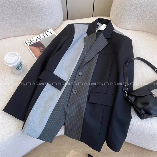Black Grey Atitching Contrast Blazer Jacket Women 2025  Autumn New Retro Design Sense Silhouette Loose Thin Suit Coat Female Top