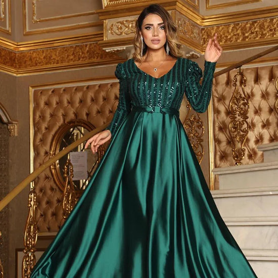 2025 New Fashion Women Lady Sexy Deep V-neck Sequin Long SleeveFloor Length Bling Big Hem Party Wedding Evening Maxi Dress