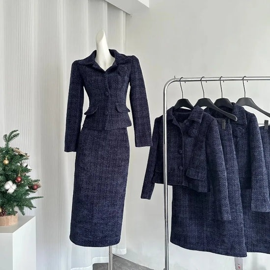 2025 Spring Autumn New Tweed Style Padded Skirt Suits Elegant Long Sleeves Tweed Blazer + Long Skirt 2-Piece Set Women&