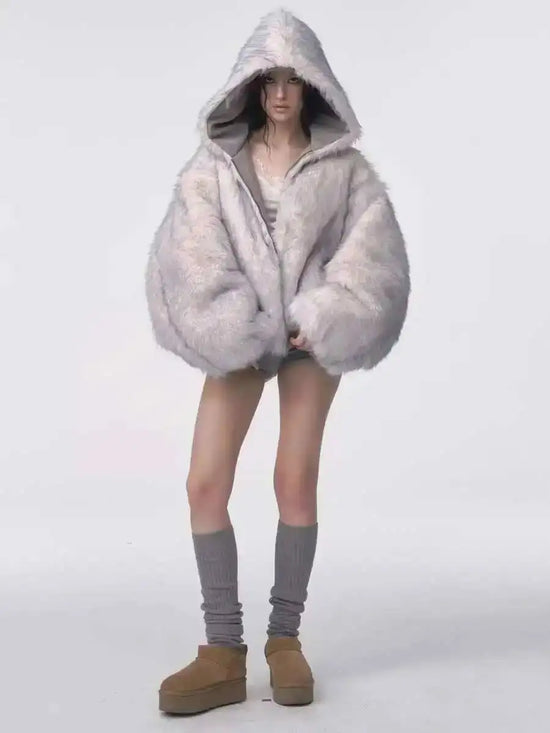 Faux Leather Coat Women Winter American Retro Fur Coat Women Padded Hooded Cotton-Padded Jacket Plush Casual Harajuku Oversize