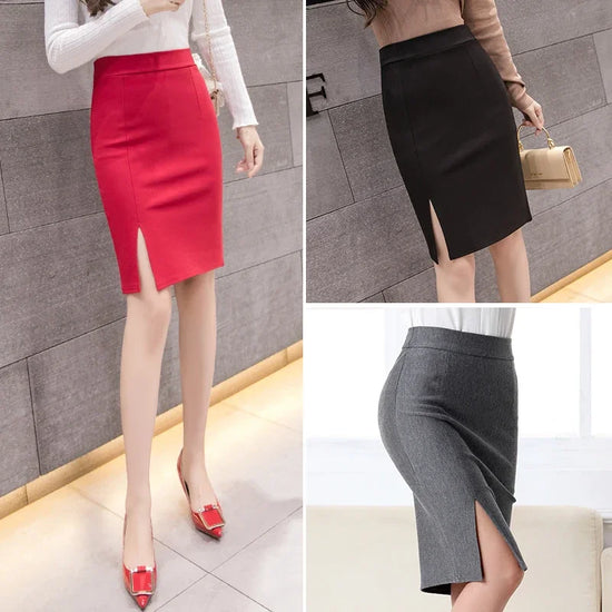 2025 New Fashion Women Office Formal Pencil Skirt Spring Summer Elegant Slim Front Slit Midi Skirt Black/Gray/Red OL Skirts