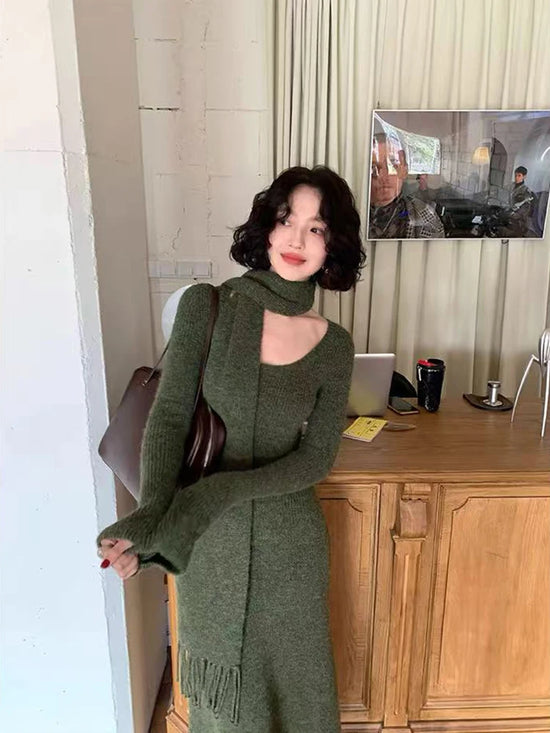 Vintage Knitted Midi Dress Y2K Autumn Slim with Scarf Long Sleeve Dress Female Korean Streetwear Chic All Match Female Vestidos
