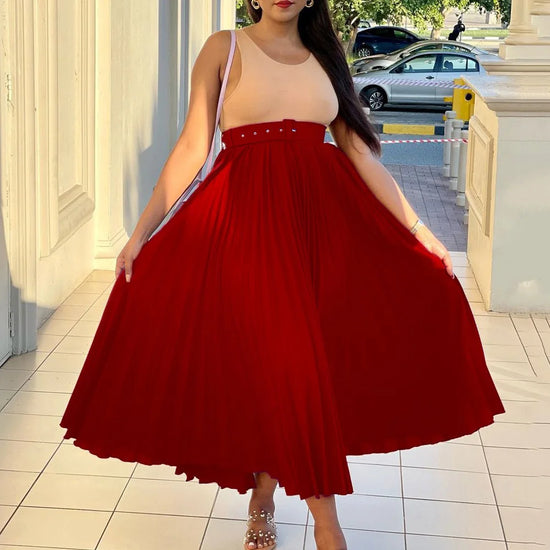 Elegant Office Ladies Pleated Skirts for Women High Waisted Belt Waisted Mid Calf Professional Female Birthday Party Dinner Robe