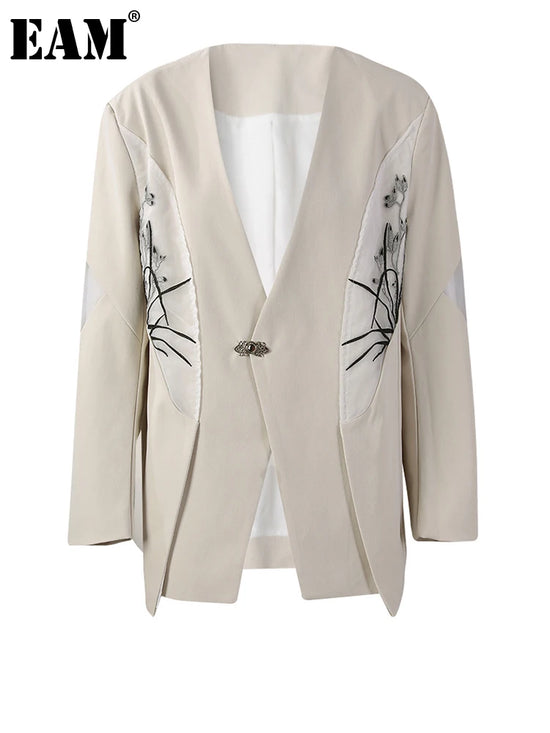 [EAM] Women Beige Embroidery Big Size Elegant Blazer New V-neck Long Sleeve Jacket Fashion Tide Spring Autumn 2025 CPG2975