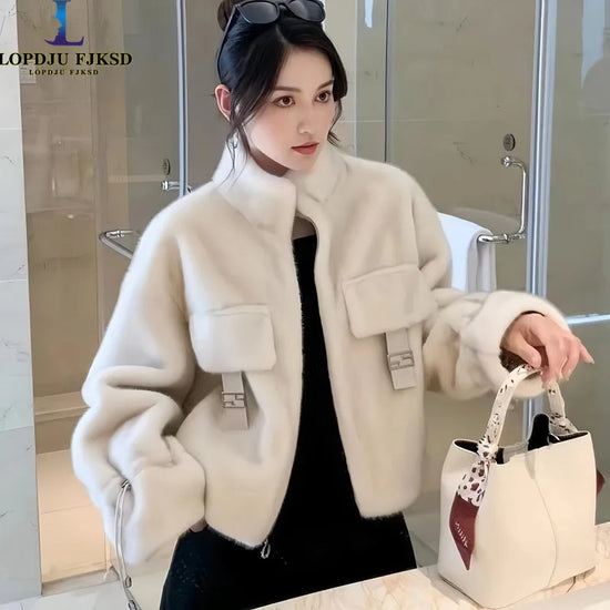 Faux Fur Coats for Women,Spliced Jackets,Female Overcoat,Thicken Warm Clothes,England Style,Lace-up,New,Winter,2024