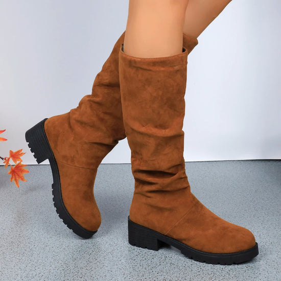 Fashion Boots for Women Suede Thick Middle Heel Folded Stacked Mid-calf Boots Round Toe Slip-On Sexy Elegant Women&