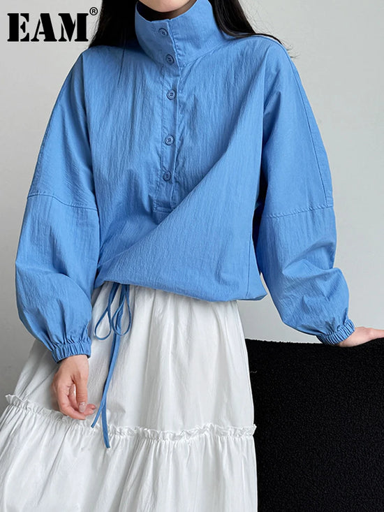 [EAM] Women Blue Drawstring Big Size Casual Blouse New Stand Collar Long Sleeve Shirt Fashion Tide Spring Autumn 2025  1DJ0930