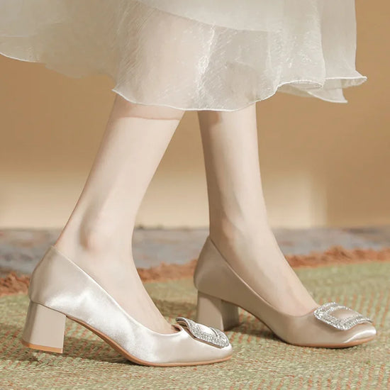 5cm Elegant Office Ladies Sation Silk Shoes Shallow Mouth Soft Leather Shoes Flats 2025 Spring Comfortable Block Heels Shoes