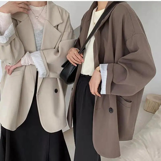 Women Tailored Coat Jacket Lapel Button Pocket Long Sleeve Double Breasted Loose Blazer Office Y2k Casual 2025 Spring Autumn