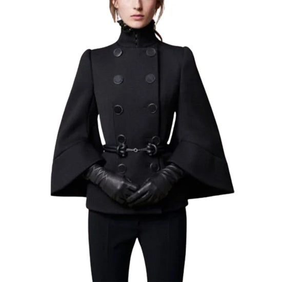 Gymystars Womens 2025 Short Jacket England Buttoned Black High Neck Coats Spring  Long Flared Sleeves Outerwear For Women