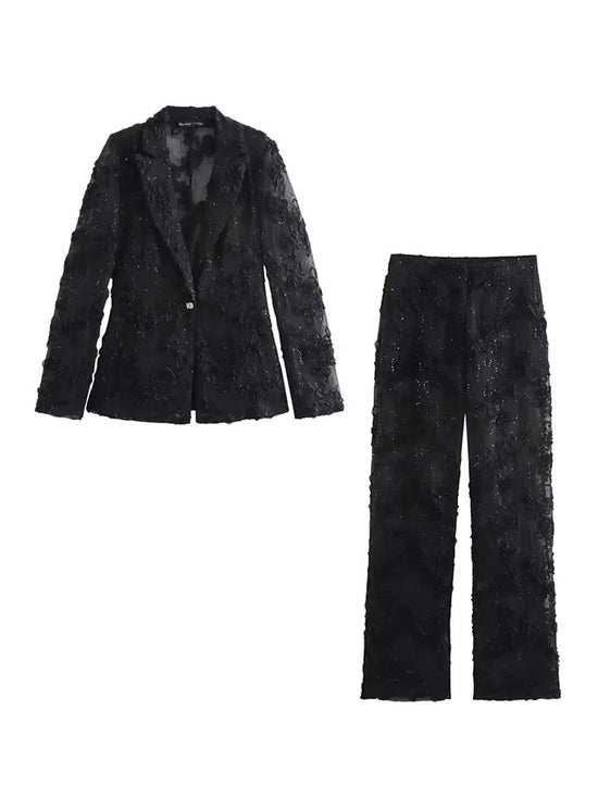 Elegant Women Sets Solid Color Sequin Decorative Semi Transparent Pants Set Flower Texture Blazer Top Set For Women 2 Piece