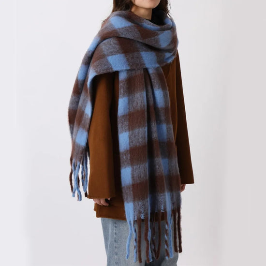 Simple Mohair Plaid Wool Scarf Tassel Plush Winter Cashmere Scarves Thicken Warm Long Shawl Women/Men